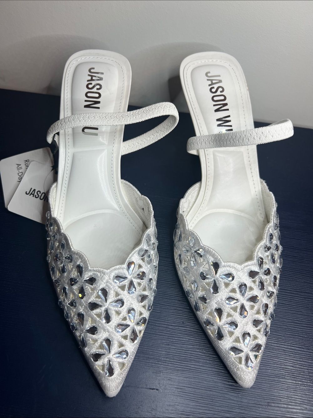 Jason Wu White Rhinestone Embellished Pointed-Toe Mule Heels Size 7/1-2